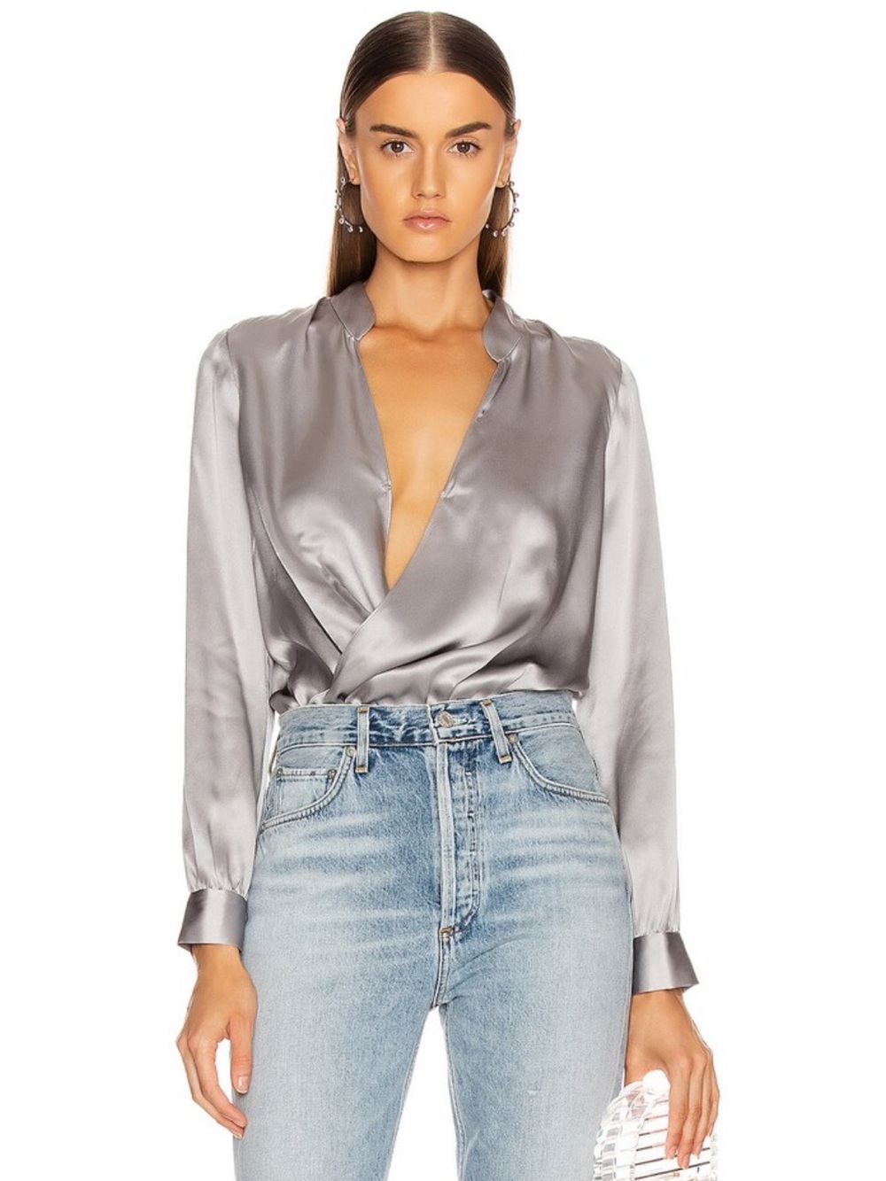 L'AGENCE Metallic Silver Satin Wrap Blouse Bodysuit